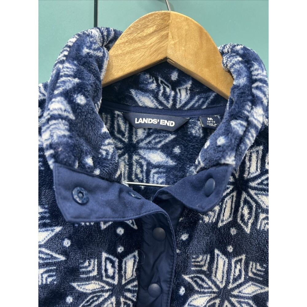 Lands End Women's Snap Fleece Pullover Medium Snowflake Print Thick Blue